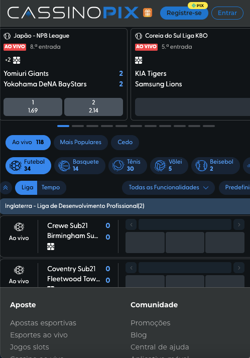 Seção de esportes na CassinoPix