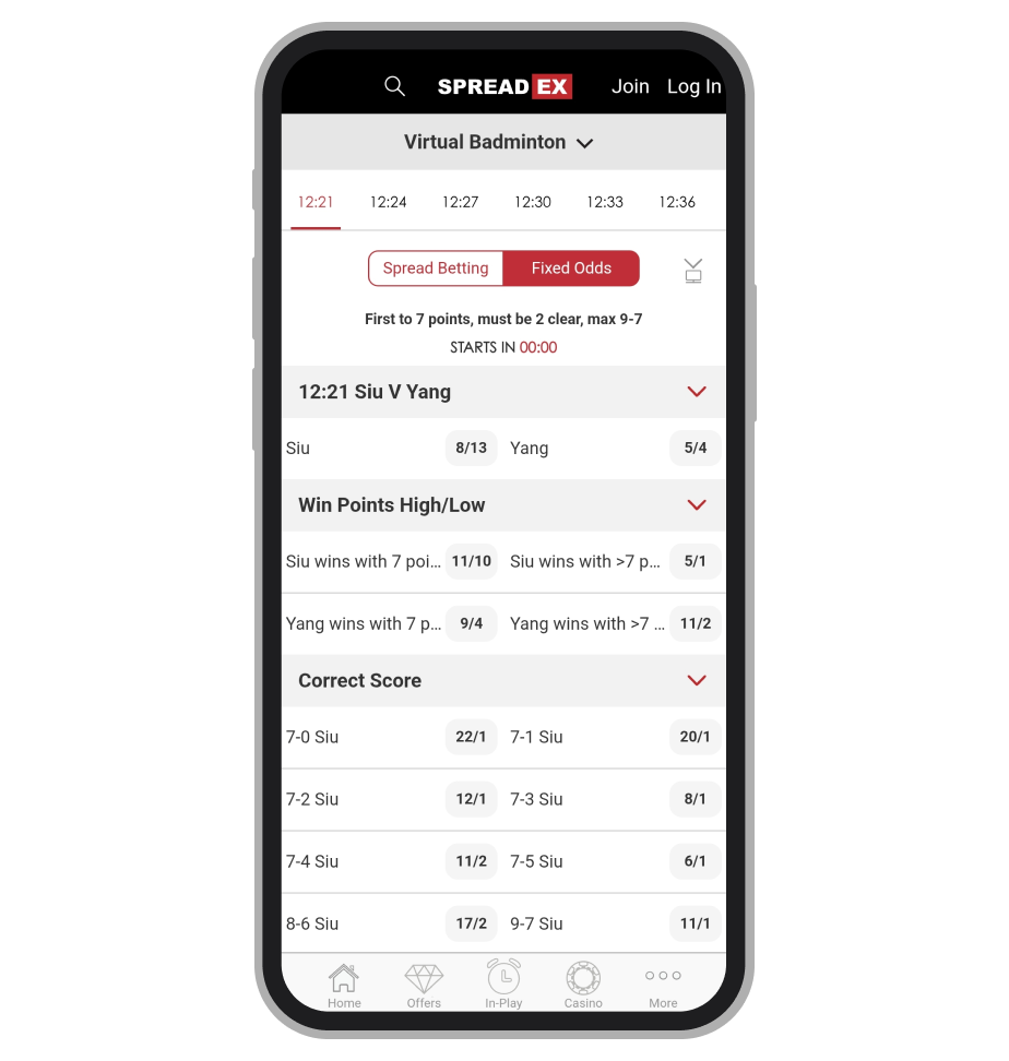 Virtual badminton fixed odds markets