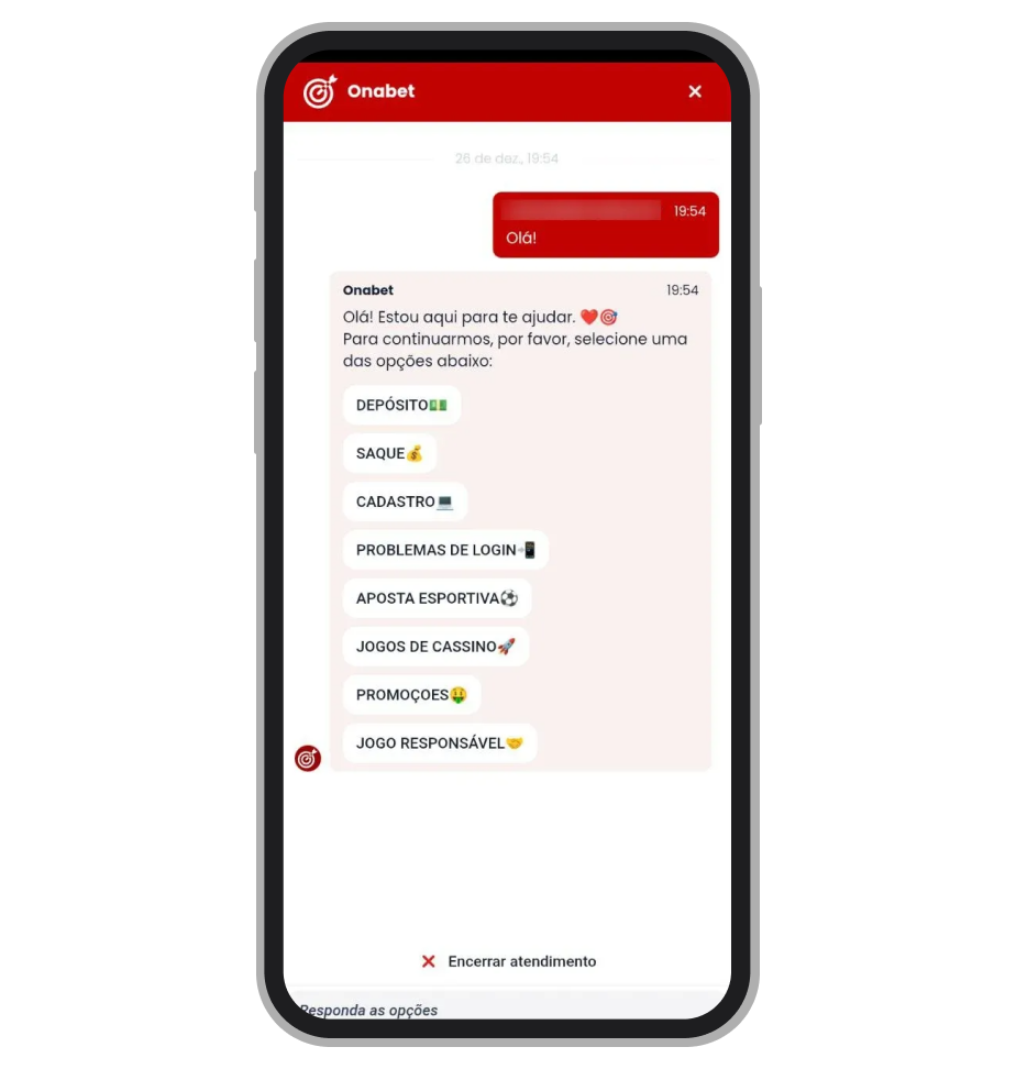 Conversa de suporte iniciada pelo chatbot, com lista de temas para direcionar a solicitação antes de resposta do time 