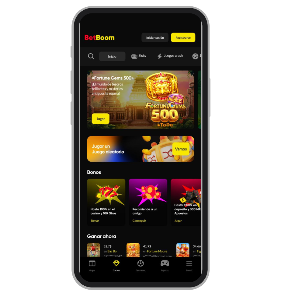 App de BetBoom. Pantalla de inicio