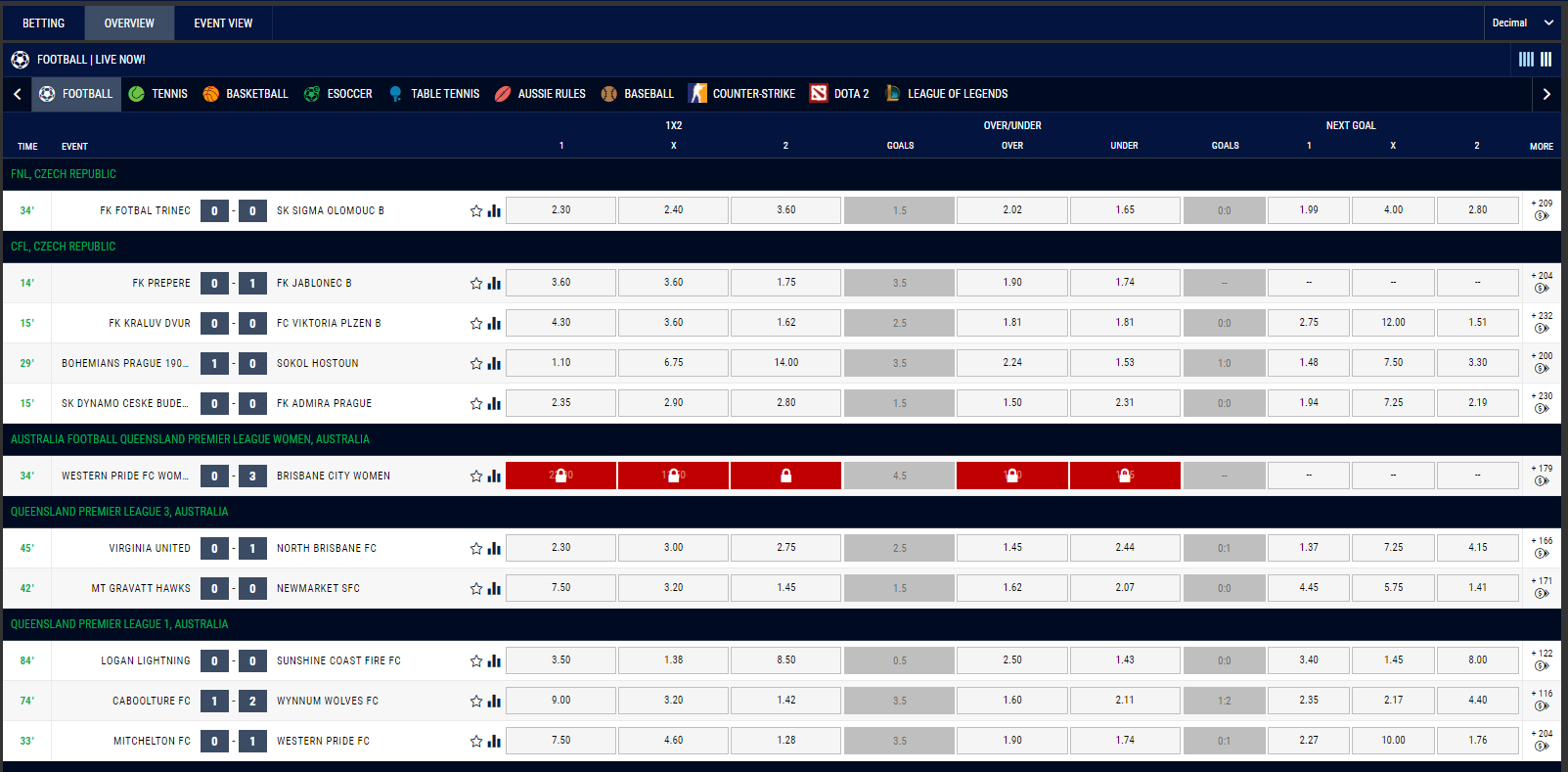 Live betting section