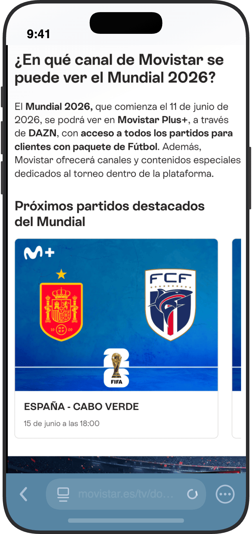 Página de Movistar Plus con información sobre el Mundial 2026 a través de DAZN y el partido España vs Cabo Verde del 15 de junio