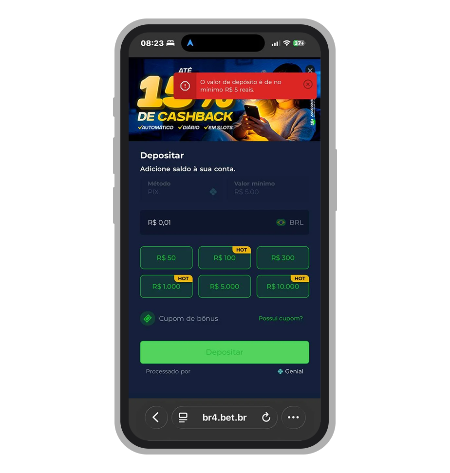 Depósito mínimo na Br4Bet é de R$ 5