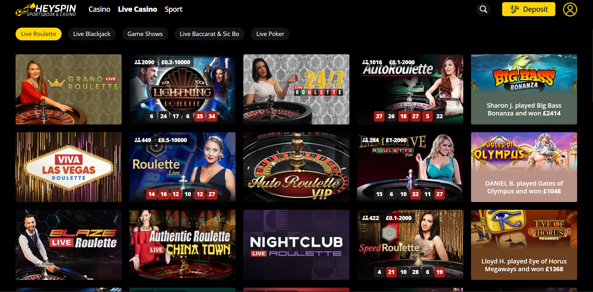 HeySpin Live Casino page.