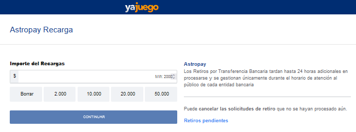 Depósito mínimo de $2,000 COP con Astropay desde Yajuego.