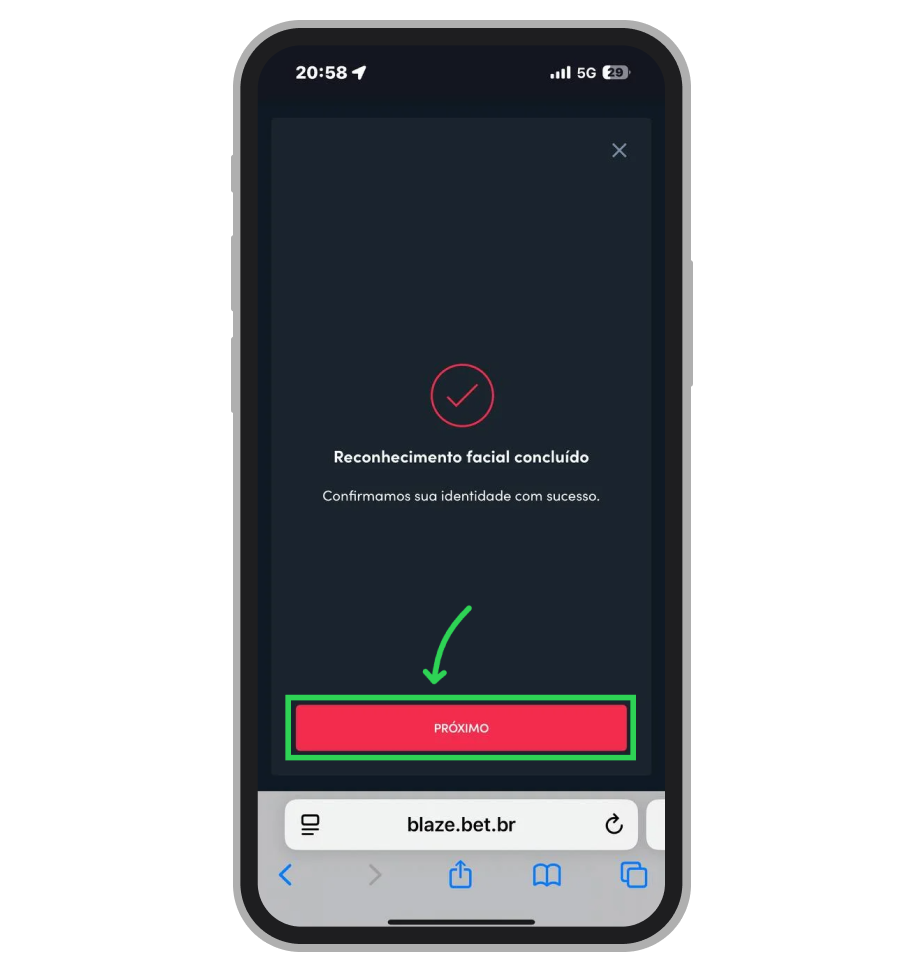 Após a confirmação de identidade concluída com sucesso, toque no botão "Próximo" para avançar 