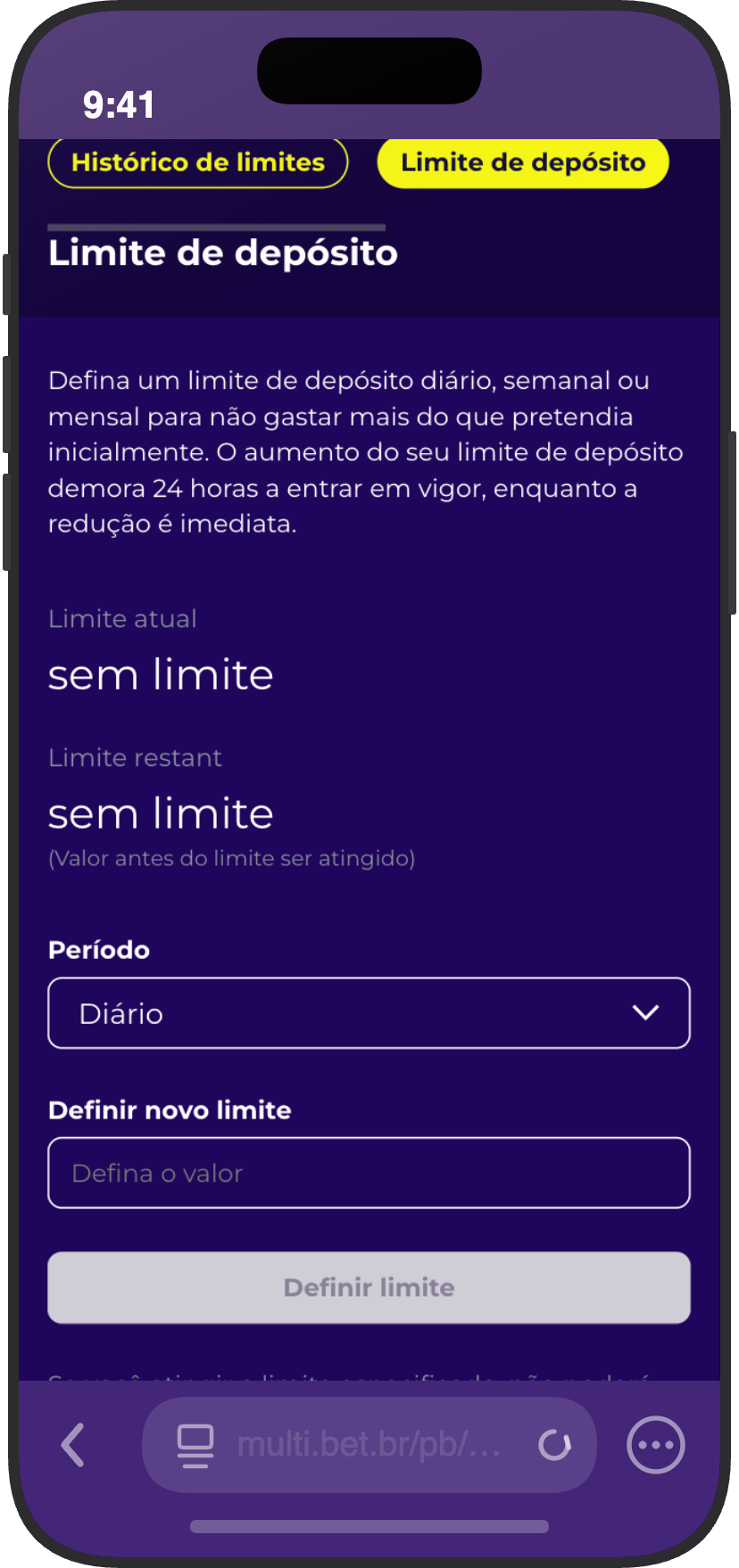 Configuração de limite de depósito na Multibet com opções diário, semanal e mensal