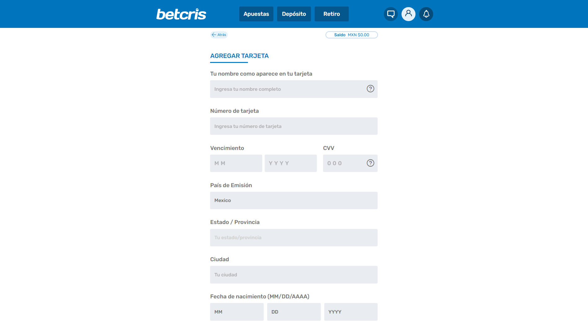 Hacer un depósito con Betcris.