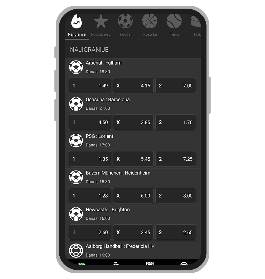 StarBet aplikacija — glavni meni sa opcijom Proveri tiket