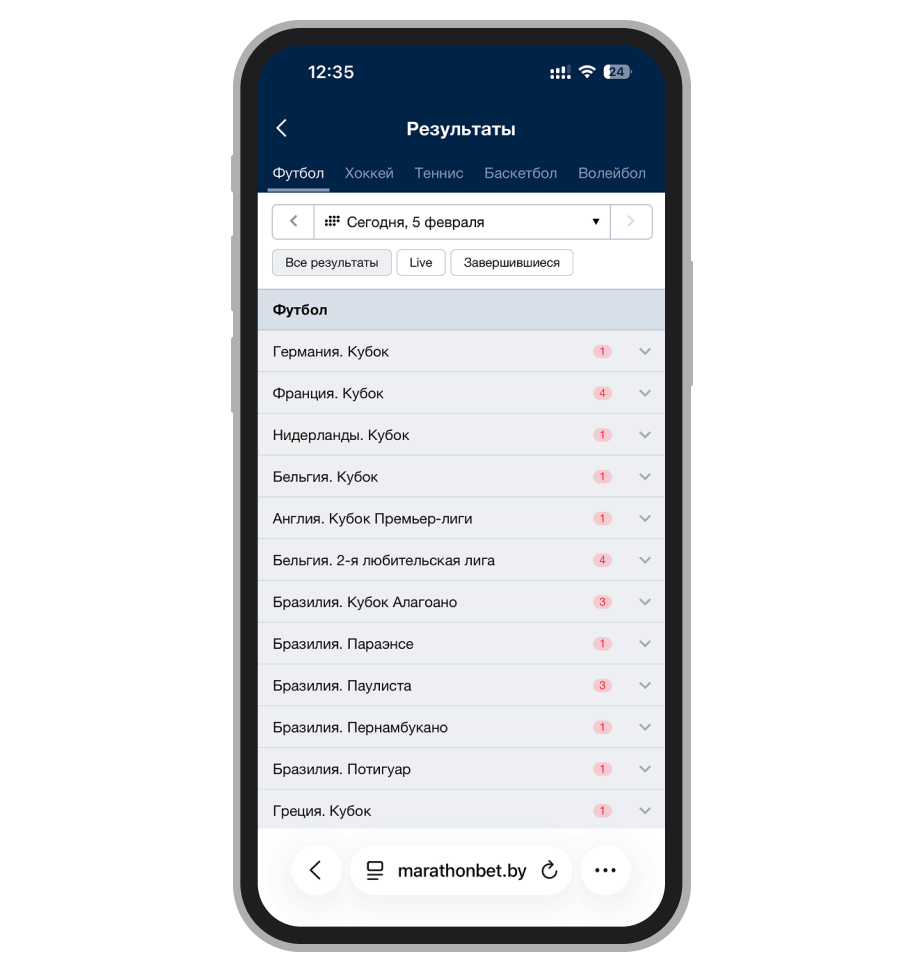 Результаты на mobile-сайте Marathonbet