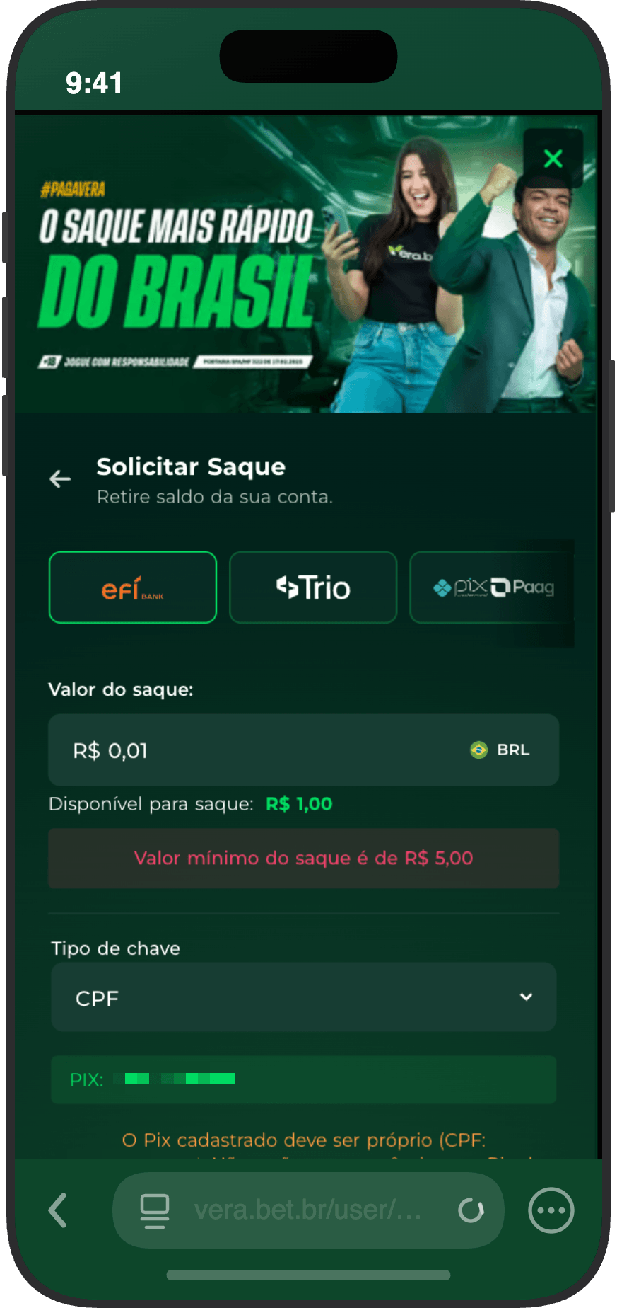 Tela de saque via Pix da Vera.bet com valor mínimo de R$ 5, três provedores de pagamento e banner PagaVera