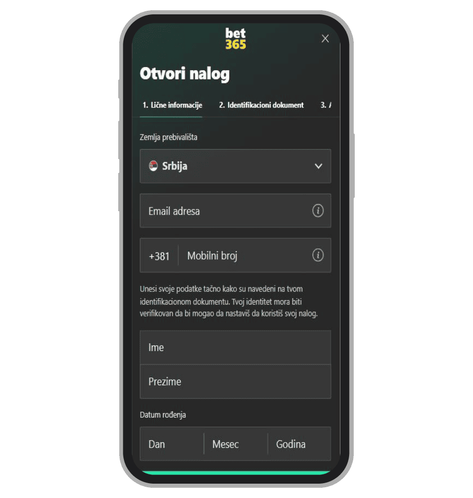 Obrazac za registraciju na Bet365