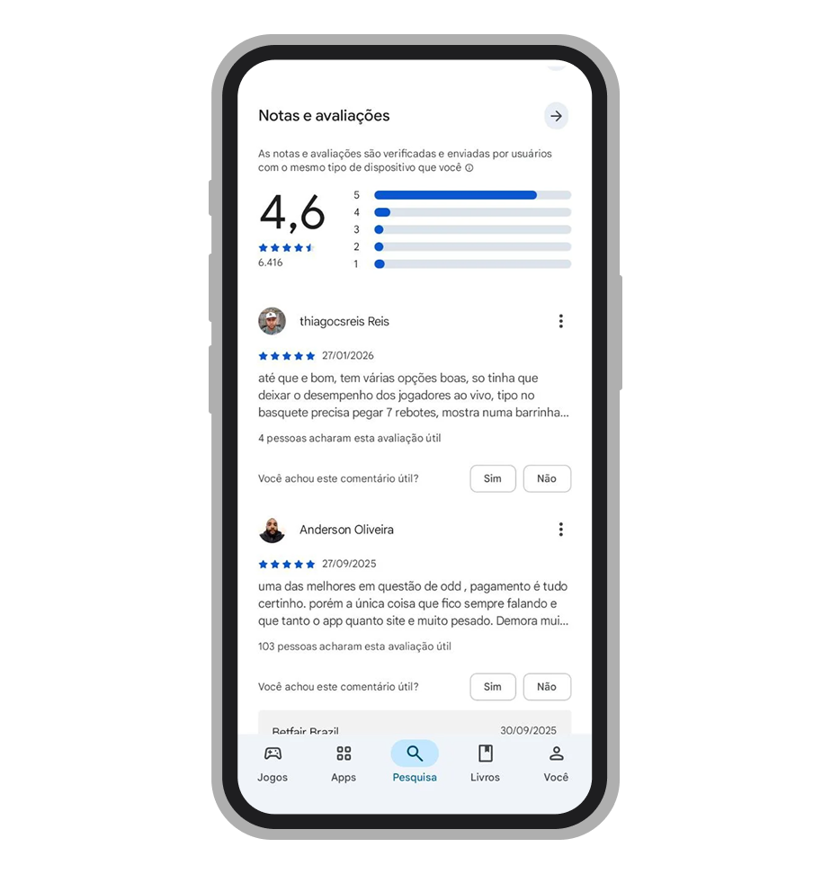 Avaliações de usuários do Betfair app na Google Play 
