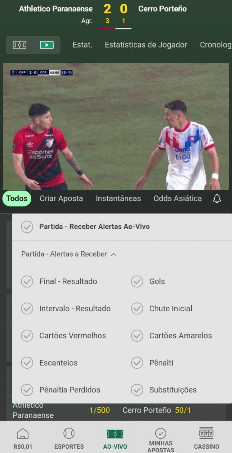Alertas disponíveis para futebol
