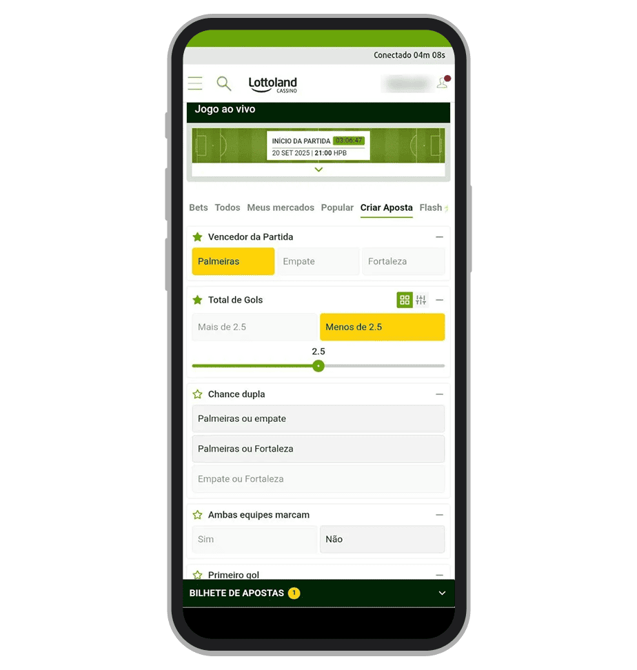 A funcionalidade Criar Aposta no app da Lottoland