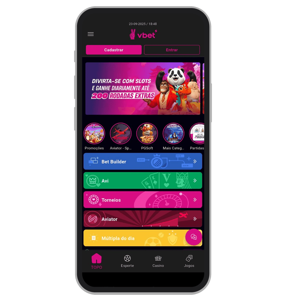A tela inicial do VBET App