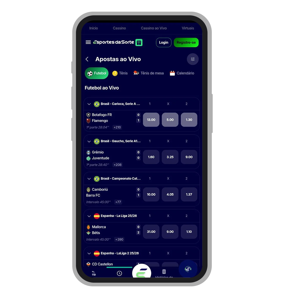 Seção de apostas ao vivo no app Esportes da Sorte
