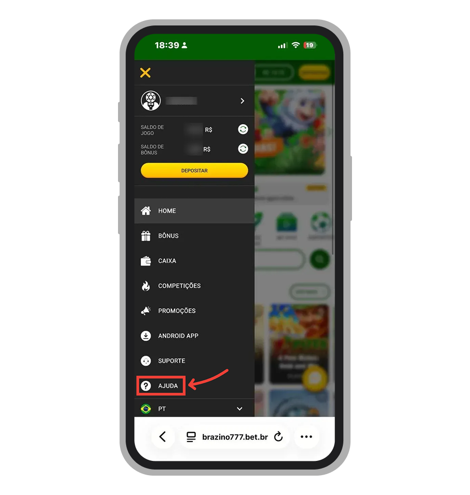 Selecione Ajuda no menu principal