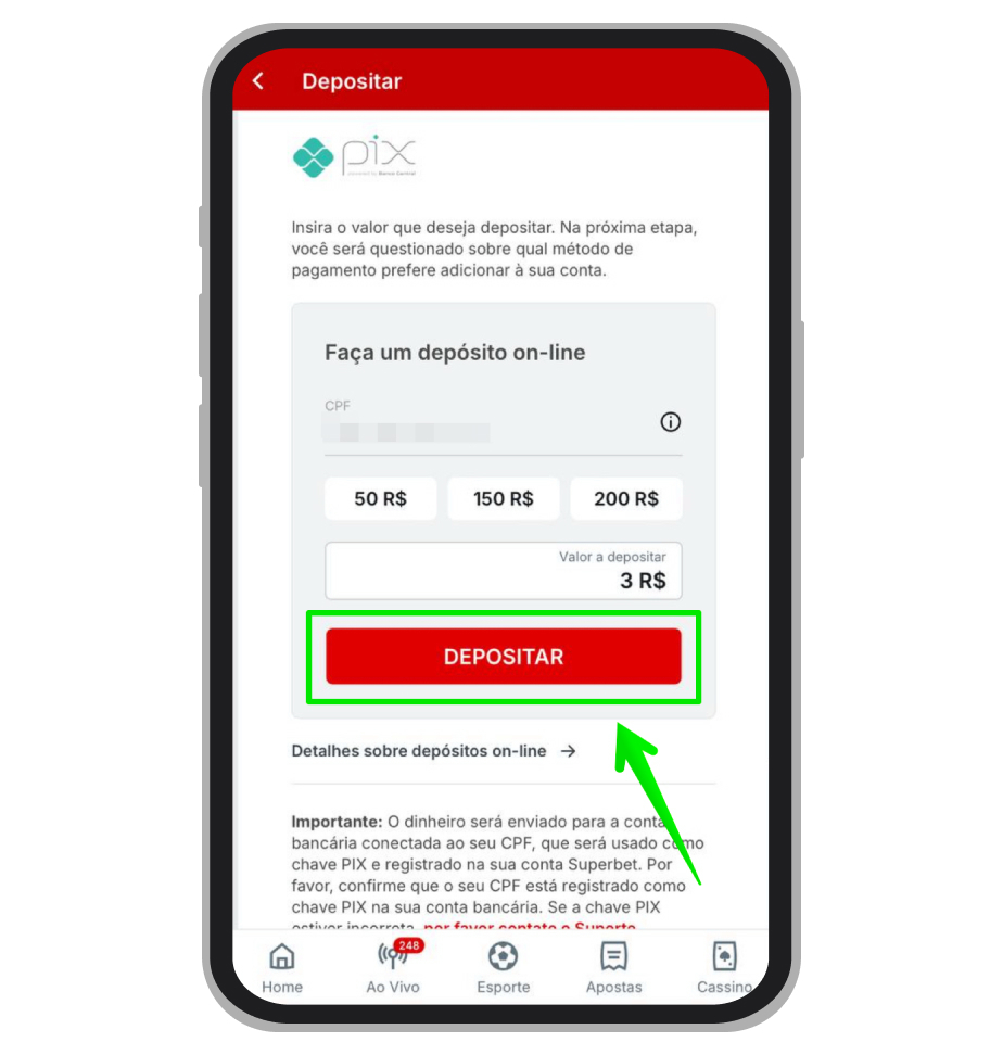 Deposite os R$3, normalmente dinheiro cai na conta instantaneamente