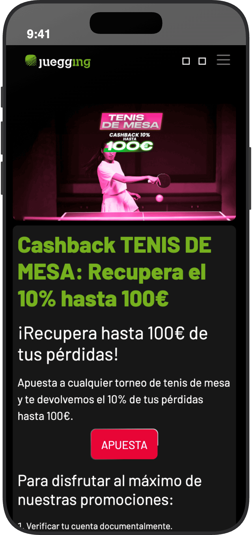 Cashback de Juegging en apuestas de tenis de mesa con devolución del 10 por ciento hasta 100 euros