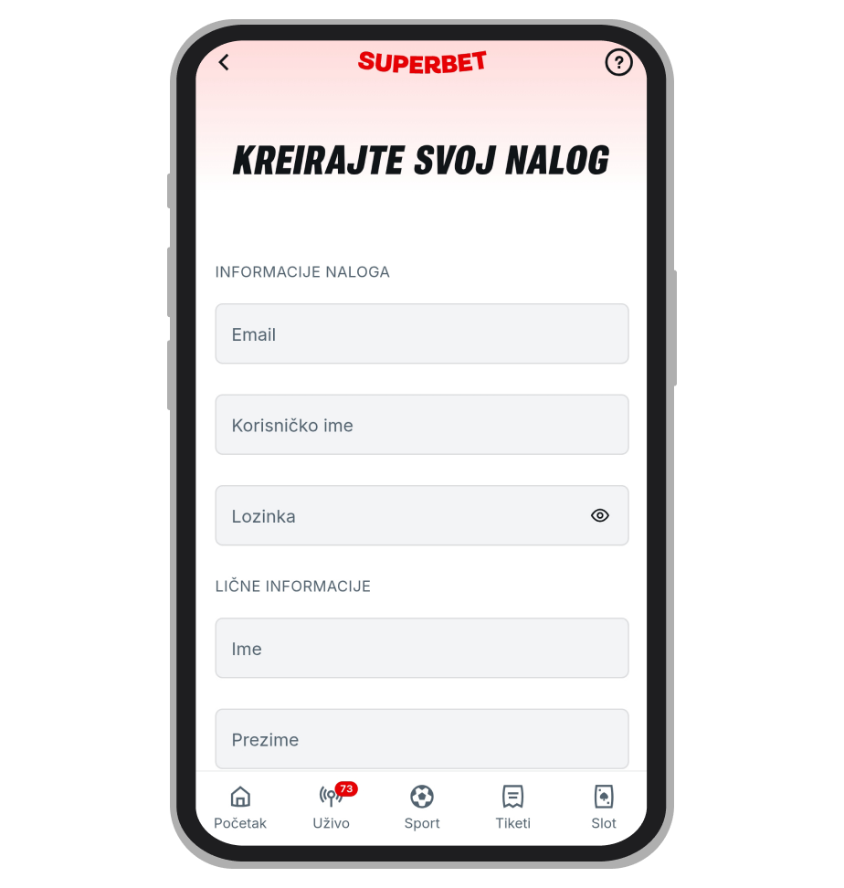 Stranica za registraciju na Superbet