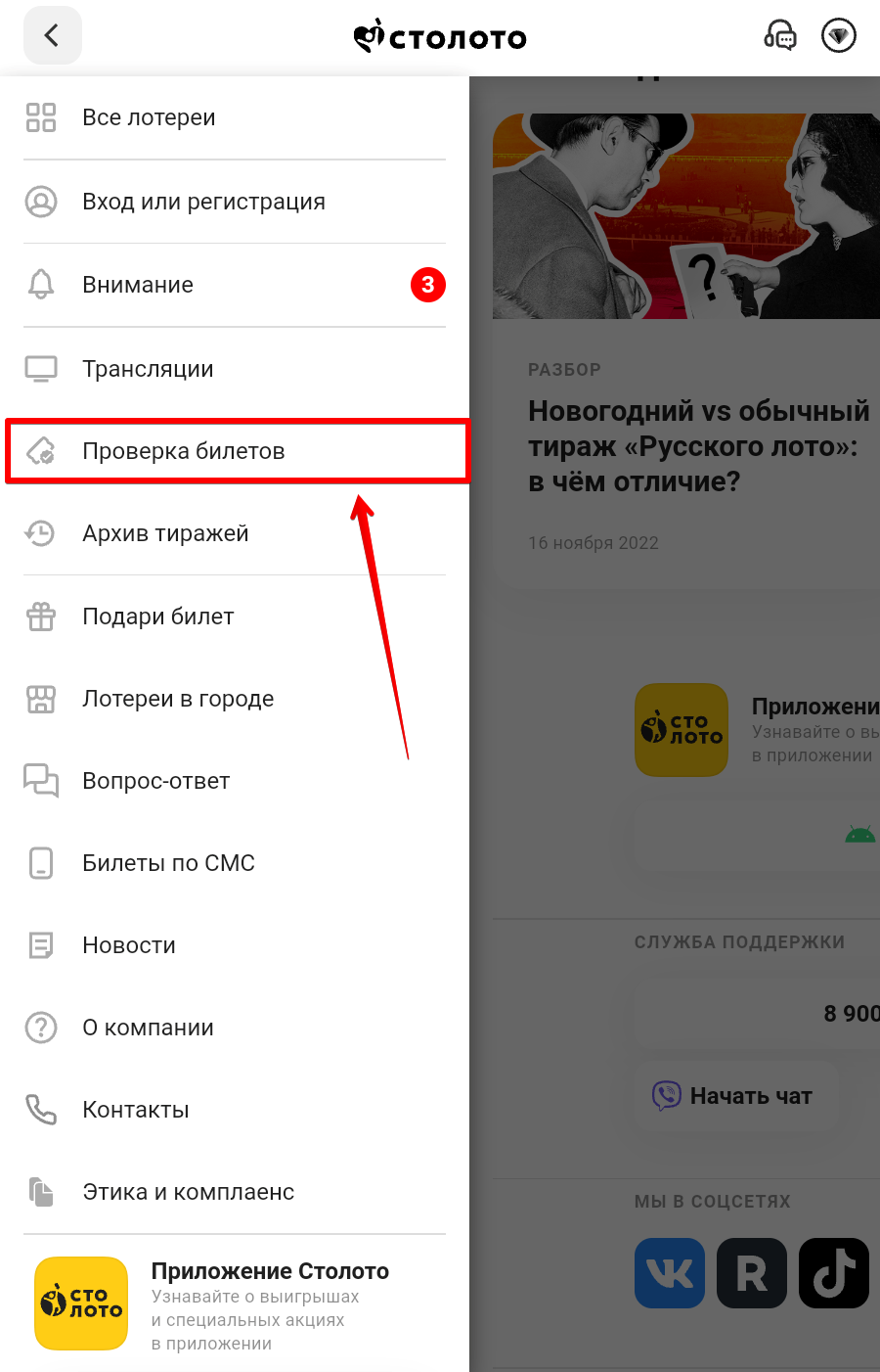 Переход на страницу «Проверка билета» на сайте Столото.ру