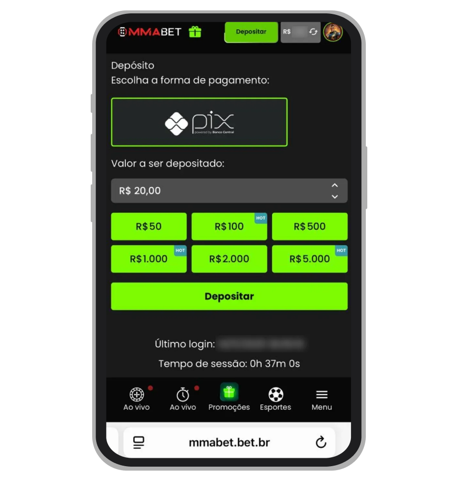 Depósito no site MMABet