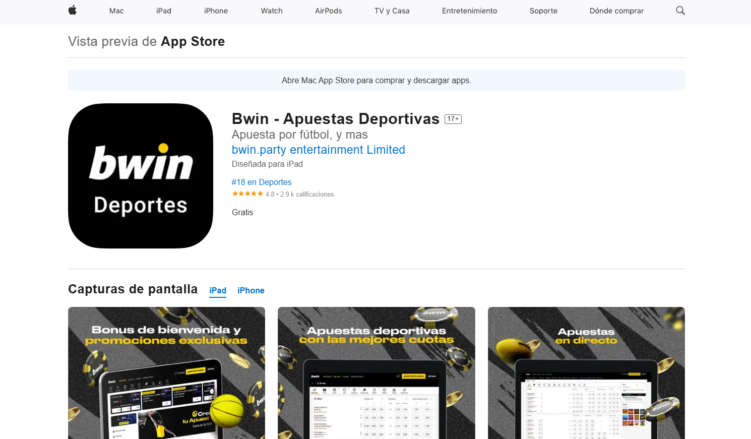 Página de Bwin en la App Store