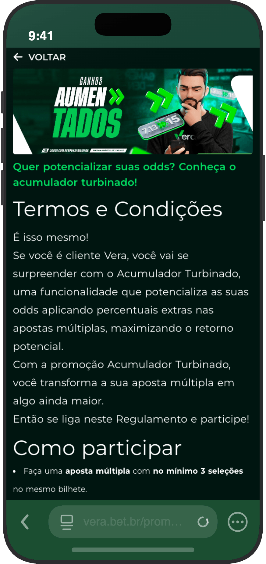 Termos e condições do Acumulador Turbinado da Vera.bet com regras de apostas múltiplas e odds mínimas