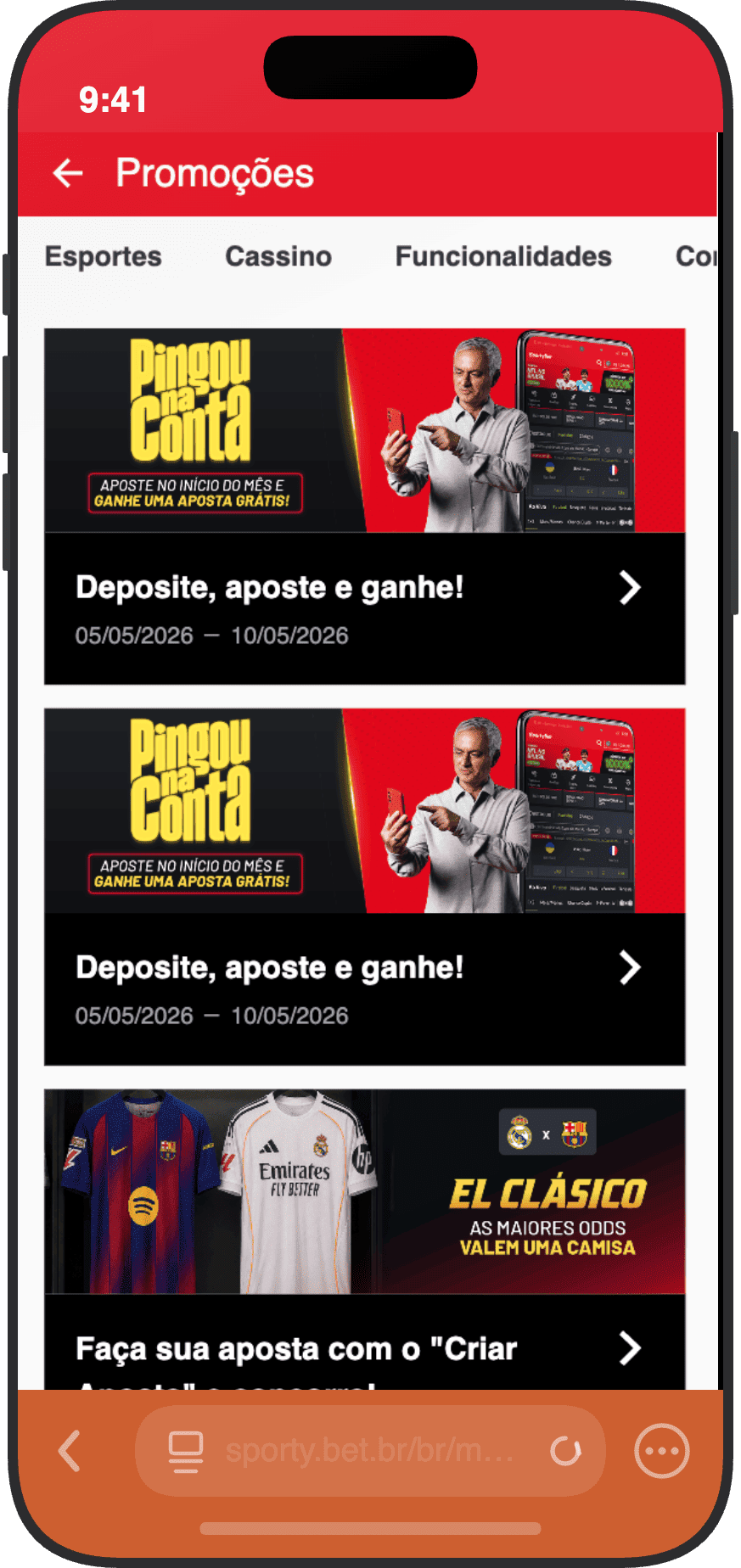 Pagina de promoções da SportyBet com aposta gratis Pingou na Conta e cashback Champions League