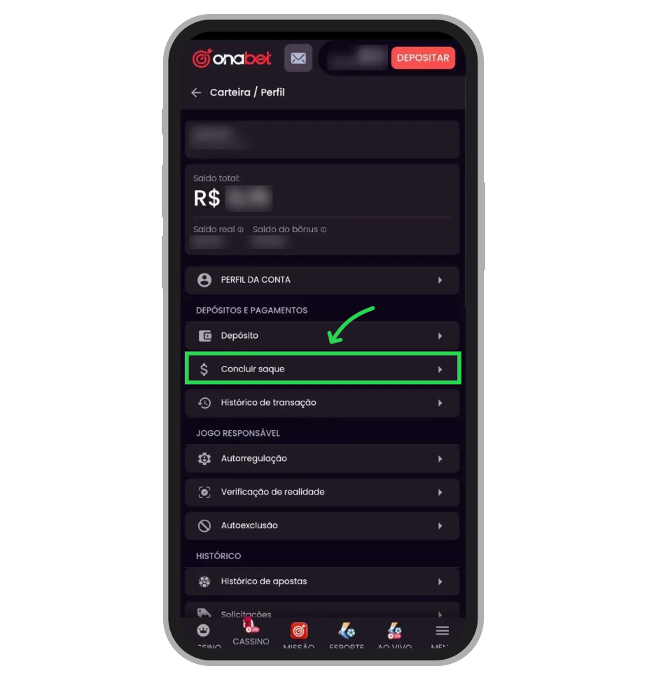 No menu aberto selecione “Concluir saque”