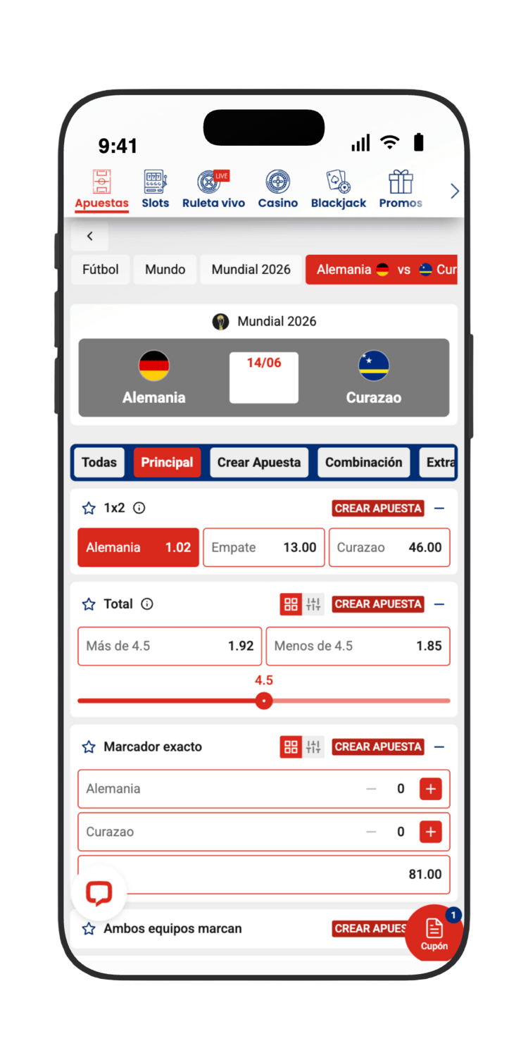 Mercados de Alemania vs Curazao en JOKERBET: 1X2 (Alemania 1.02, Empate 13.00, Curazao 46.00), más/menos de 4.5 goles y marcador exacto