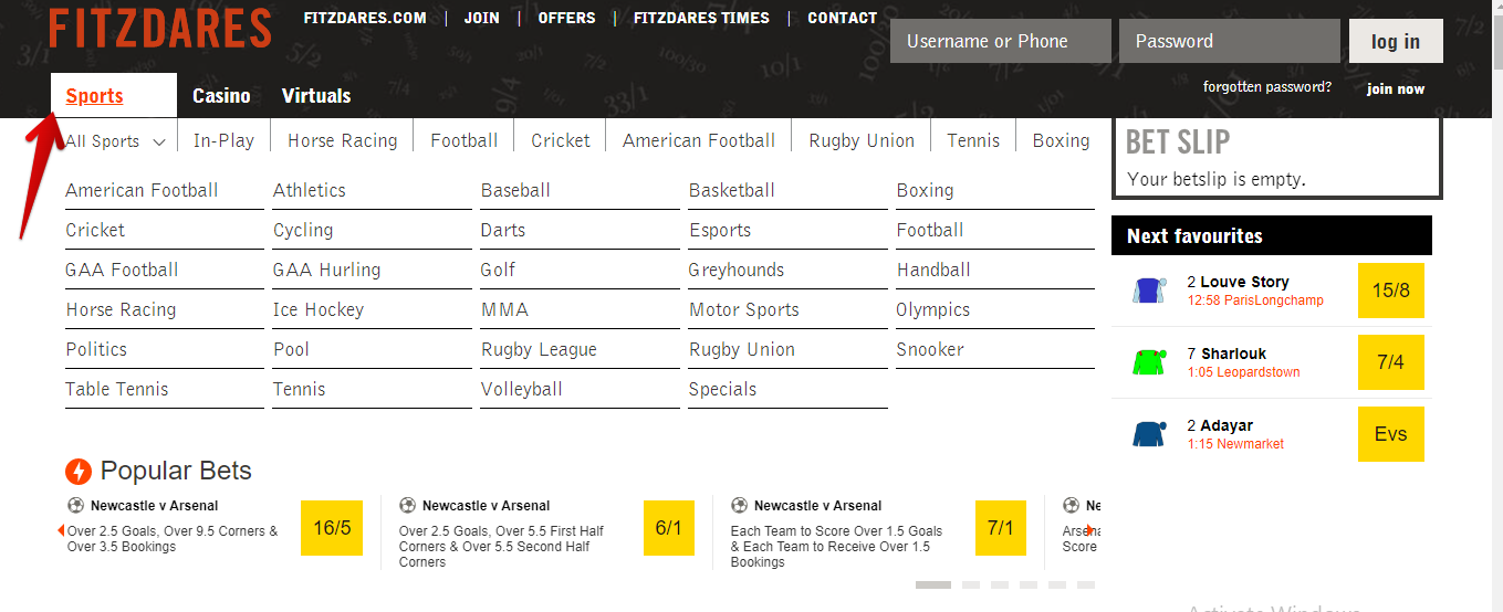 Navigate to the sport you want to bet on