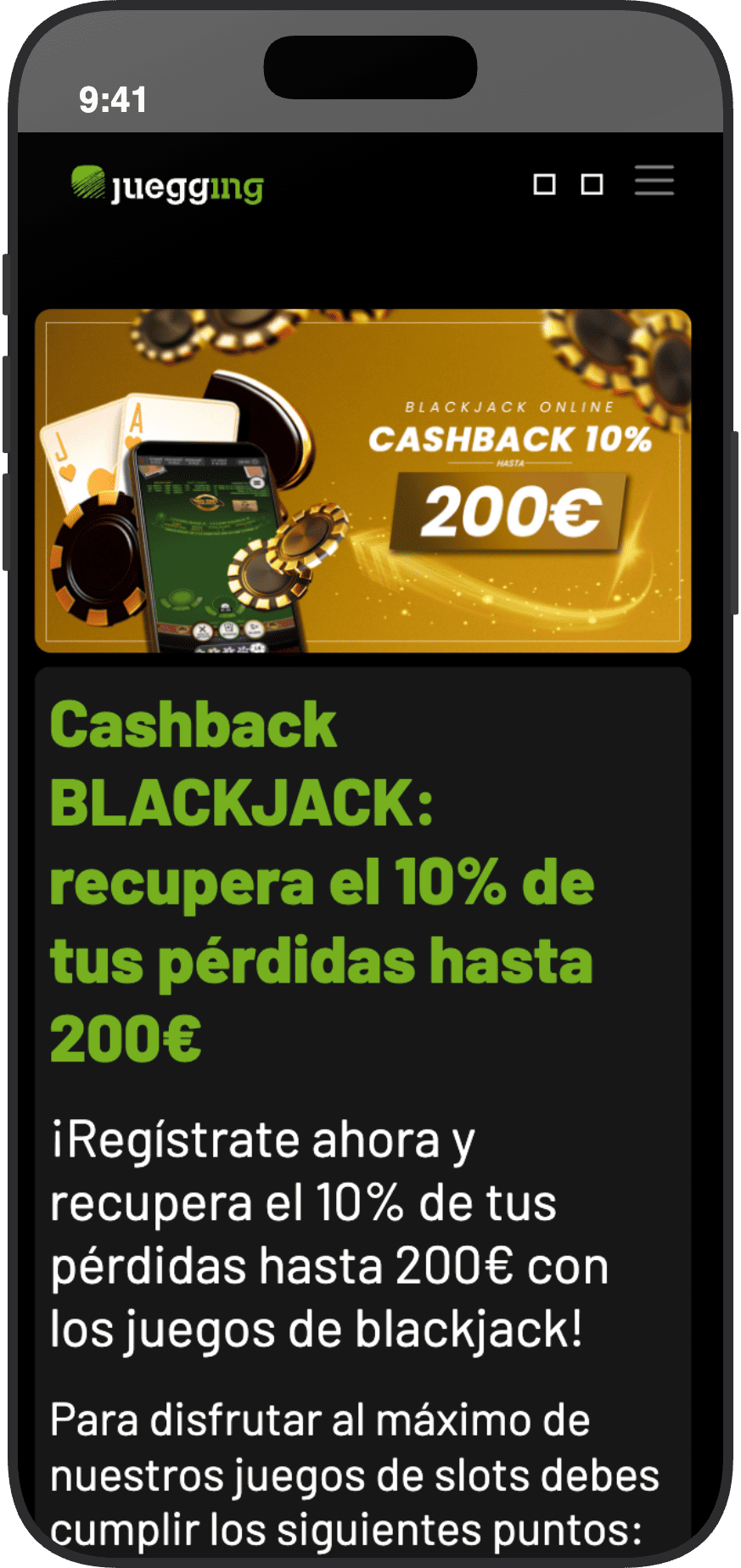 Cashback de Juegging en blackjack online con devolución del 10 por ciento hasta 200 euros