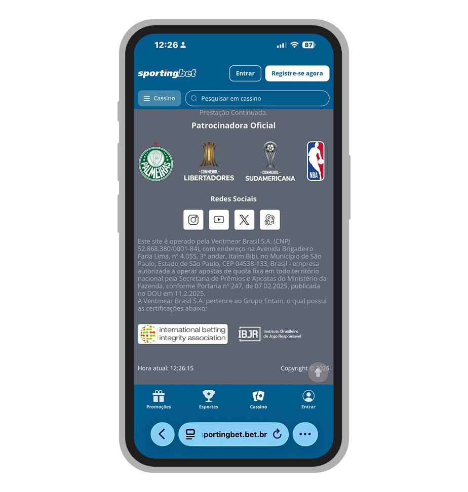 Rodapé do site da Sportingbet com CNPJ 52.868.380/0001-84 e licença SPA/MF nº 247