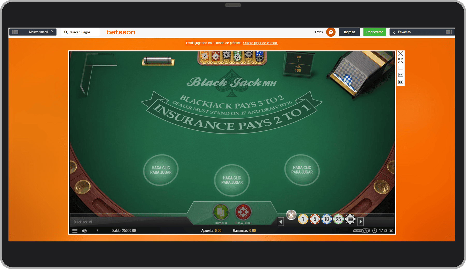 Blackjack Multihand en modo prueba. Betsson