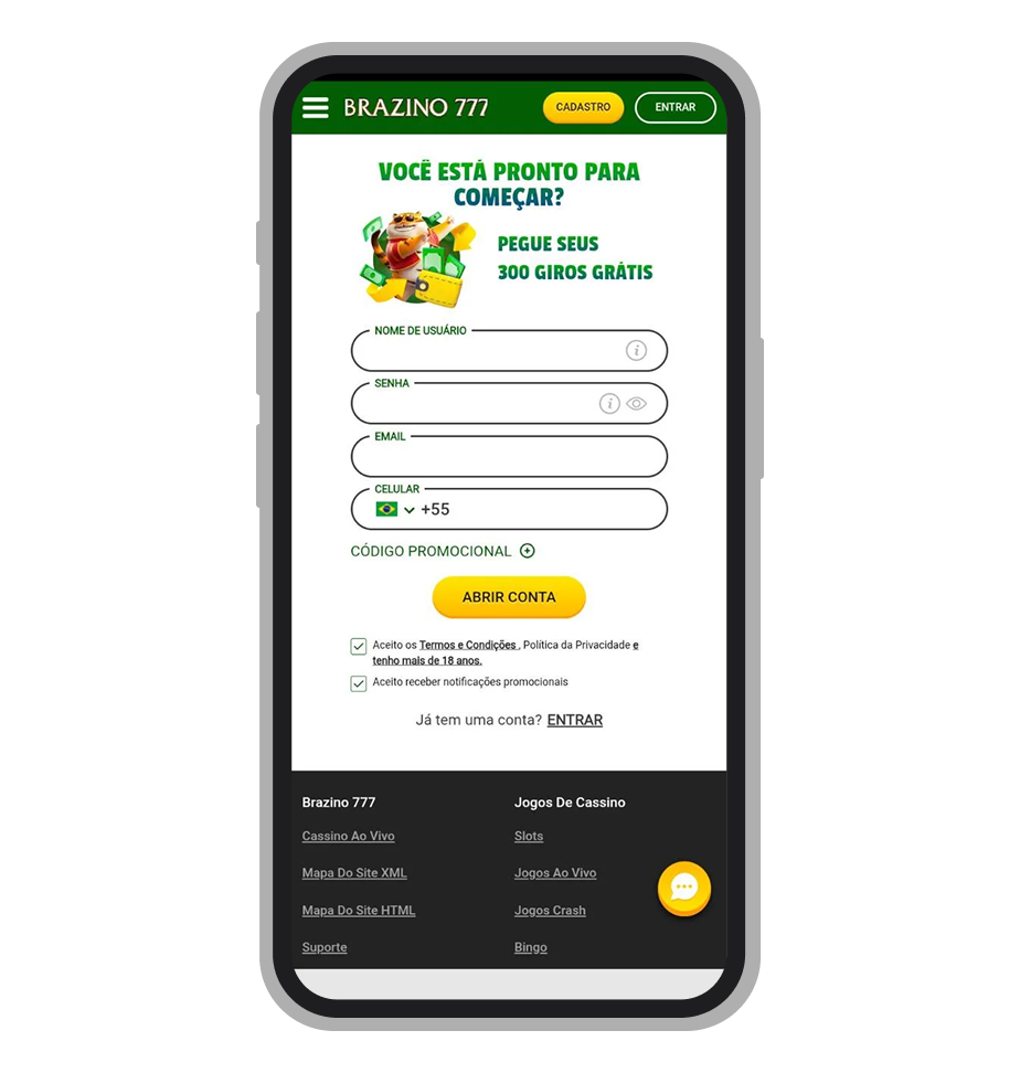 Formulário de registro na Brazino777 via e-mail ou telefone celular