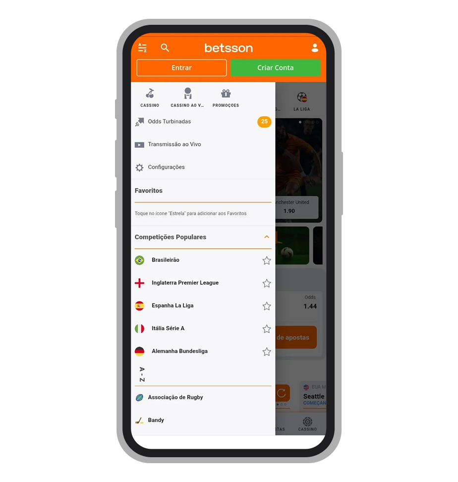 Menu principal do app Betsson