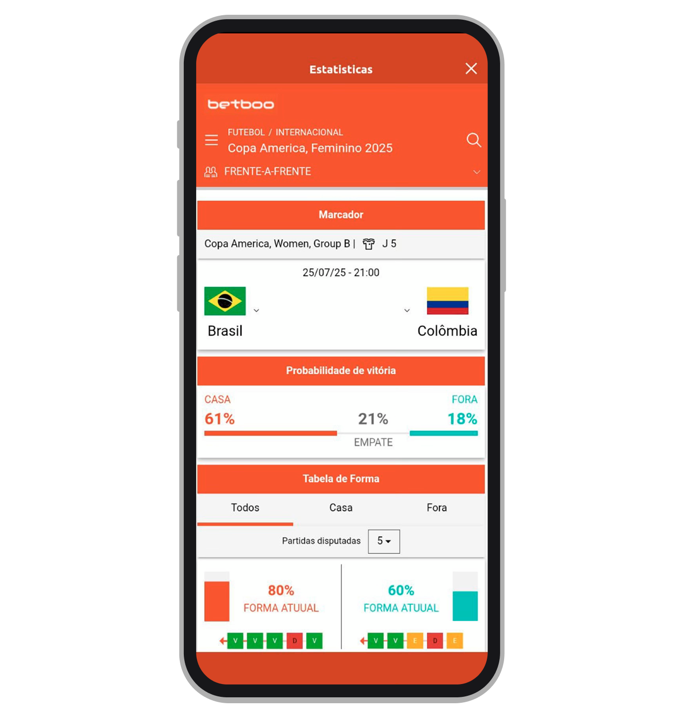 A seção de estatísticas no Betboo app 