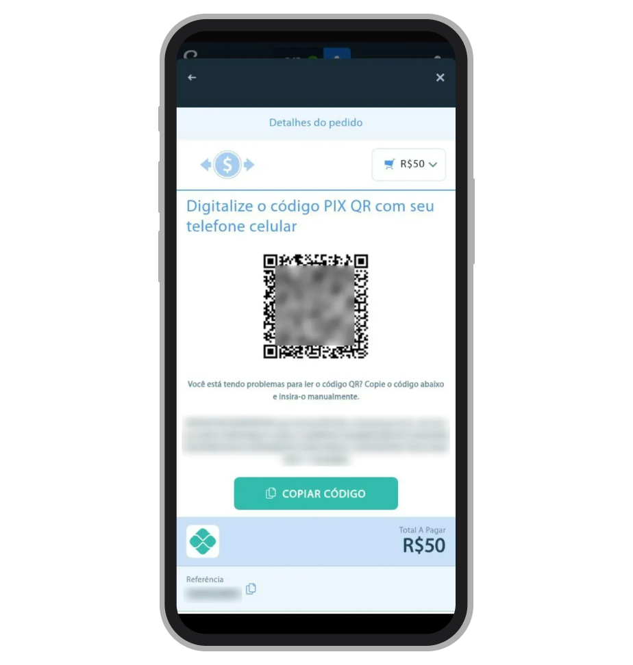 Pode copiar o código e proseguir com pagamento em qualquer app bancário 
