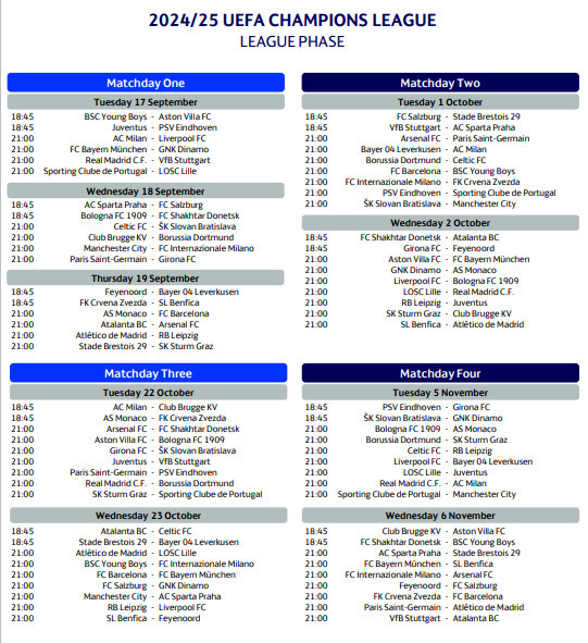 Full match schedule for the 2024/25 Champions League first phase published