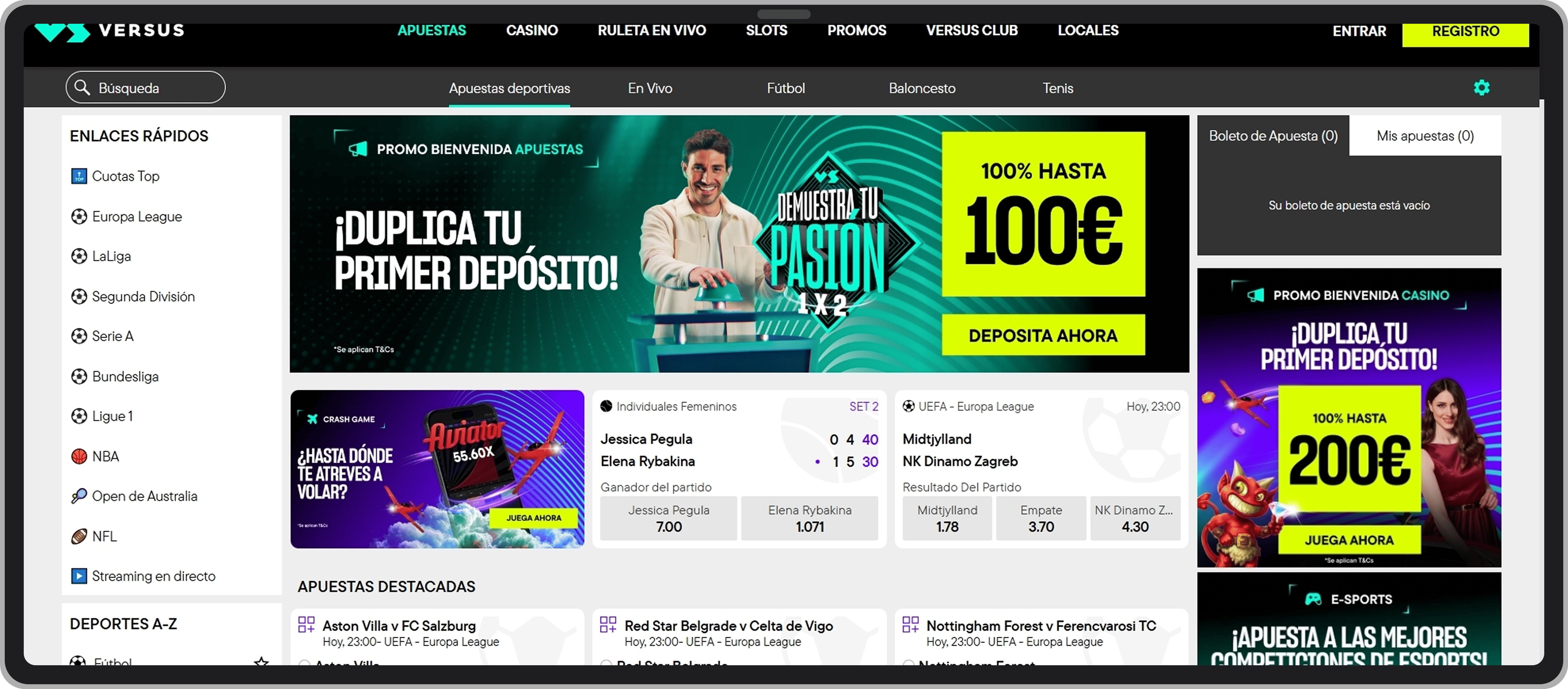 Interfaz de Versus Apuestas mostrando opciones de apuestas