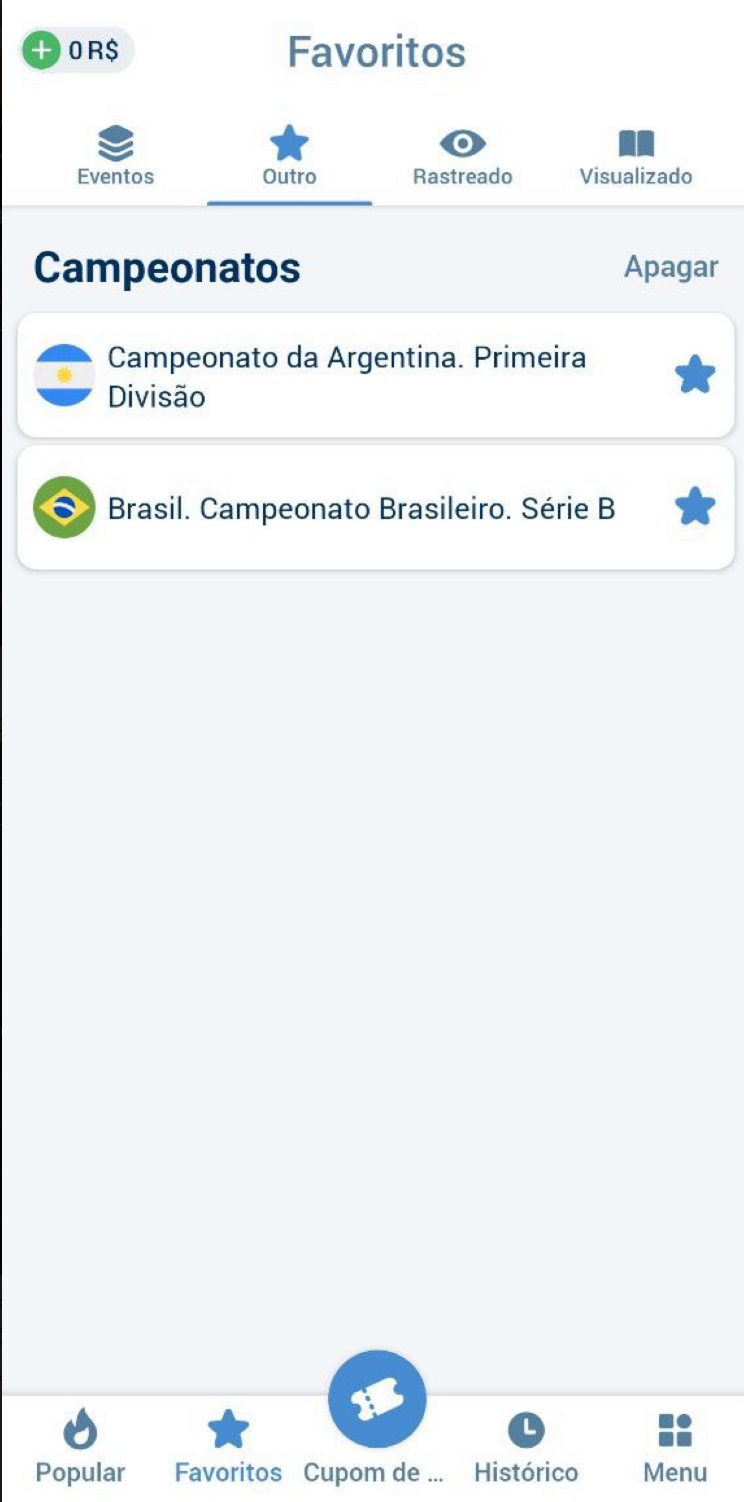 Além de eventos separados tem opção de fazer uma lista de campeonatos favoritos