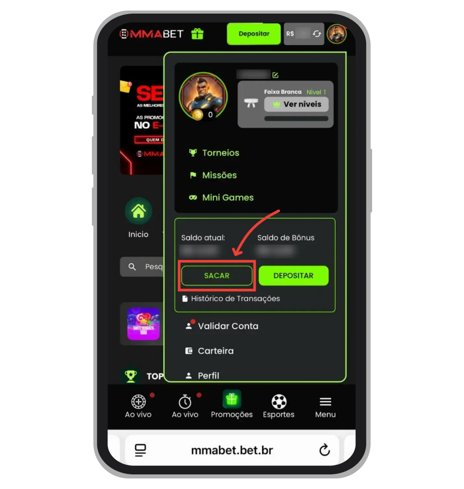 Toque no botão Saque 