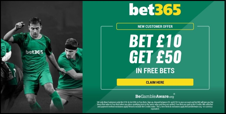 Bet365 Welcome Offer: Bet £10 for £50 in Free bets.