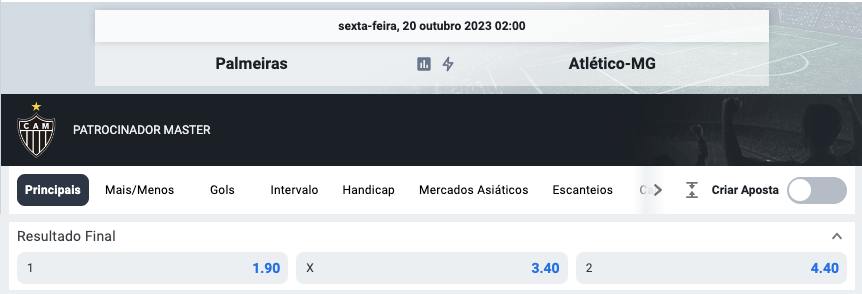 Odds do mercado Resultado Final do jogo entre Palmeiras e Atlético-MG