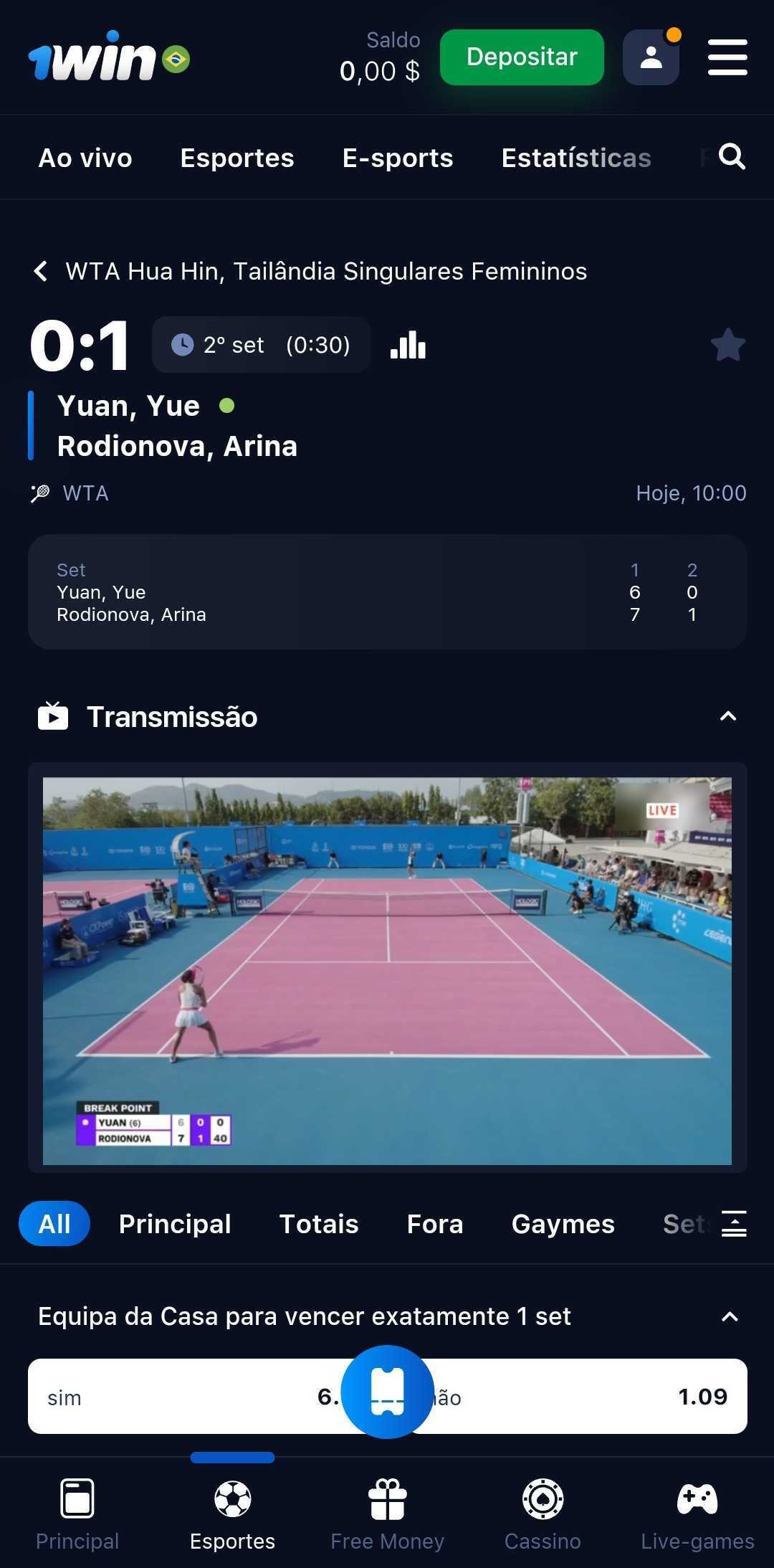 Transmissão ao vivo de uma partida de tênis.