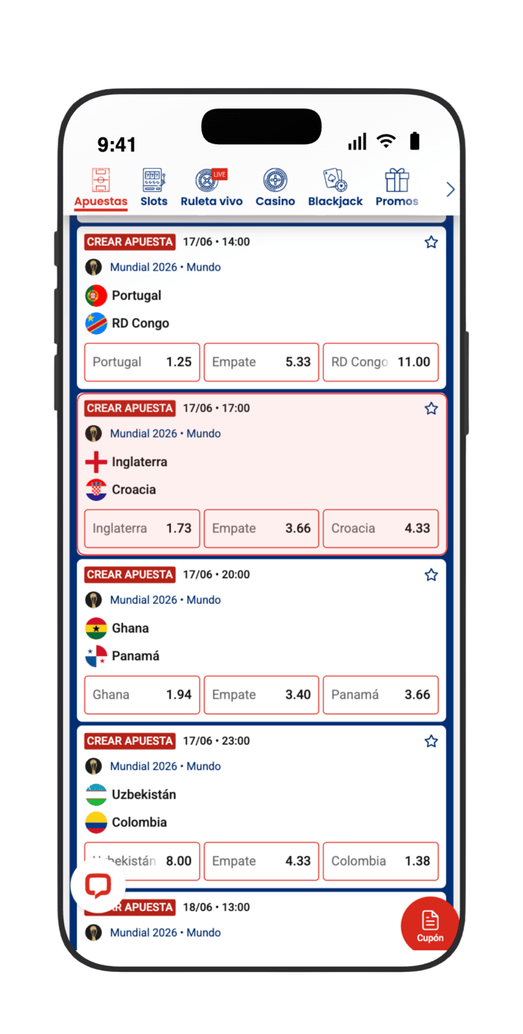Localiza Inglaterra vs Croacia (17/06) en la lista del Mundial 2026 en JOKERBET