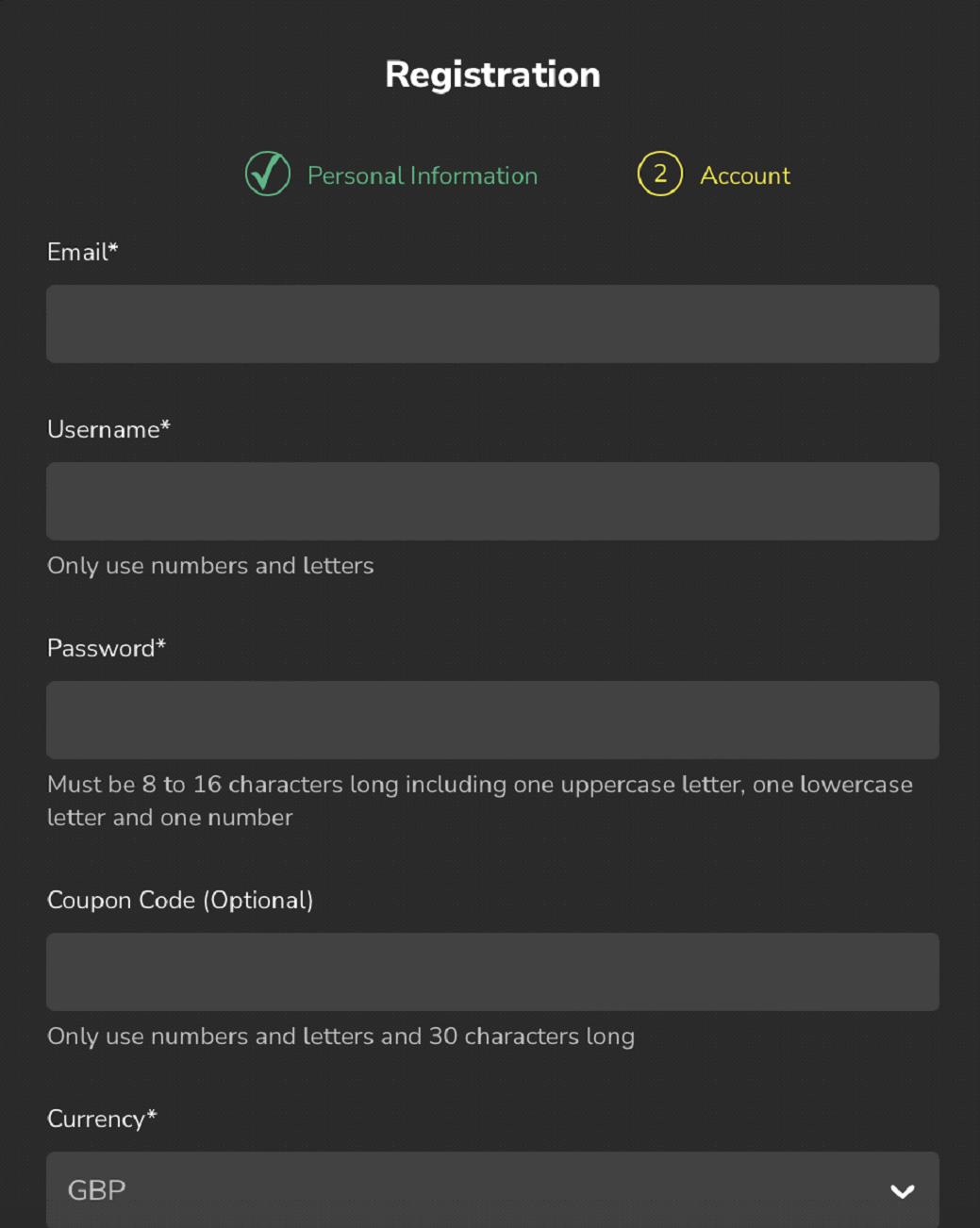 Step two of the account creation process.