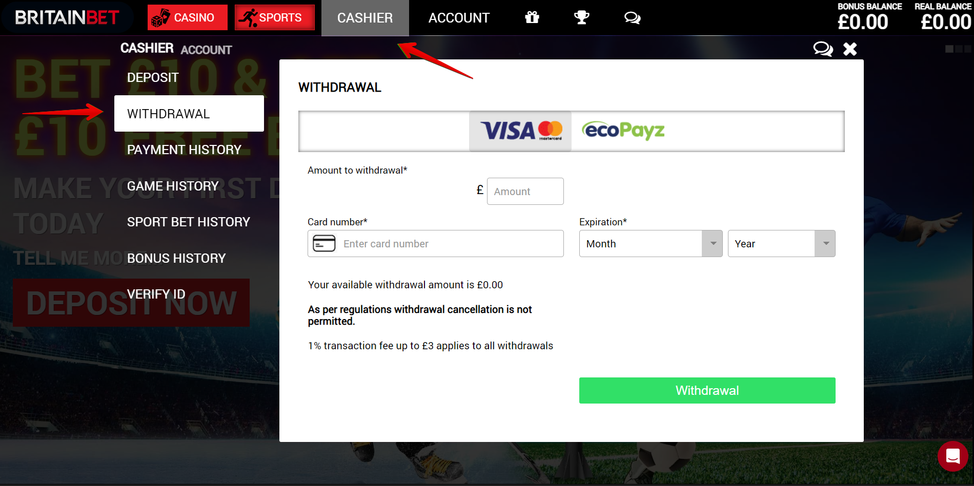 Click on the “Withdrawal” option